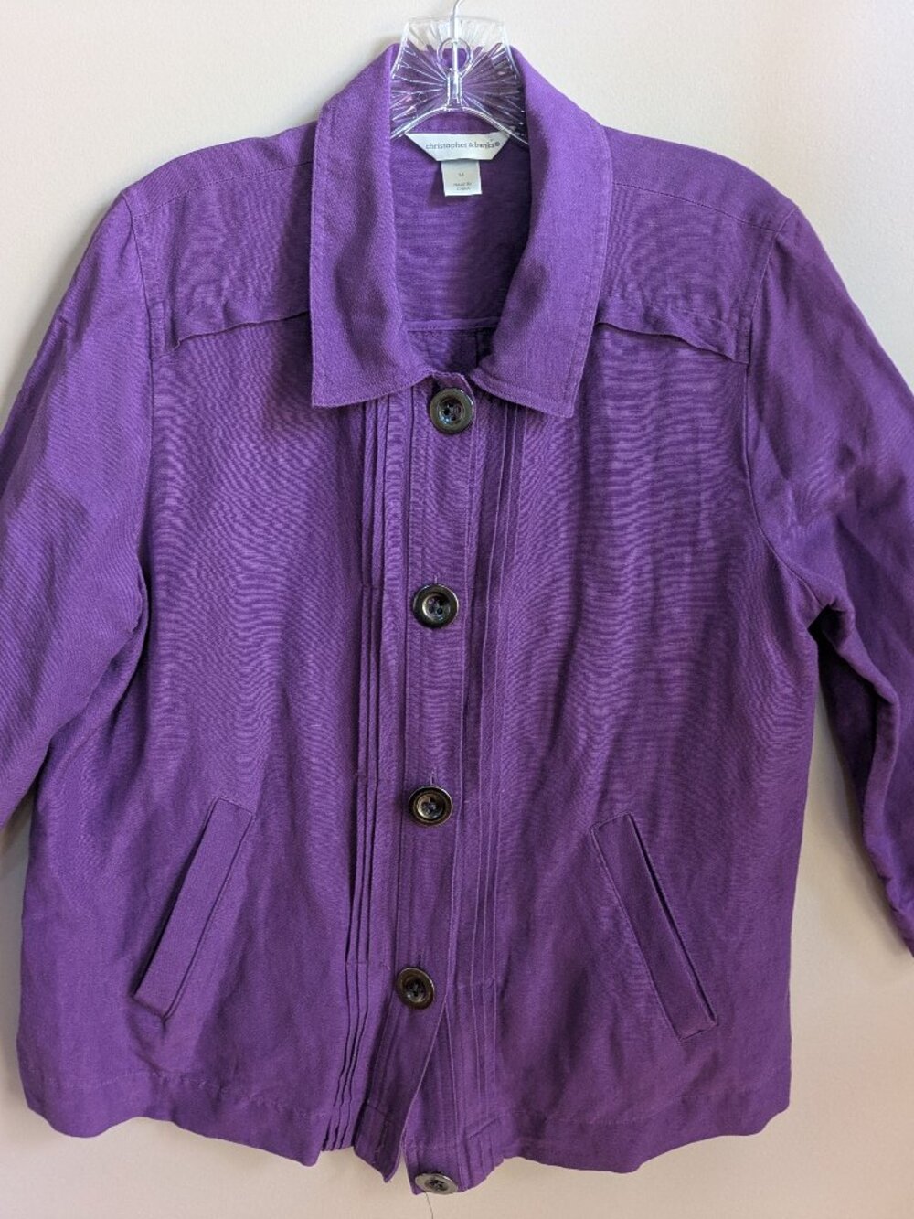 Christopher & Banks Linen Blend Utility Jacket Purple Pintuck Womens Size M #672